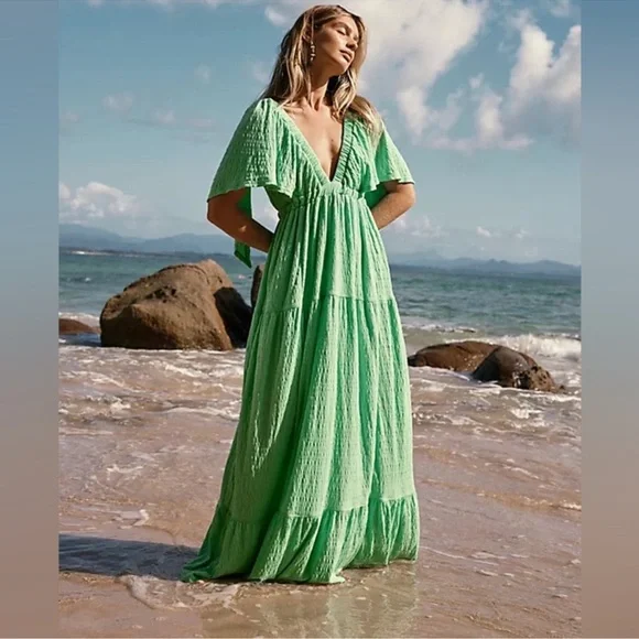 Free People Beach Light Green V-Neck Maxi Dress - Picture 1 of 8